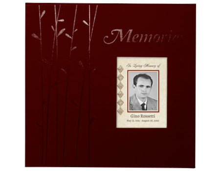Burgundy photobook cover designed by MyBabbo. Cover displays portrait of man.